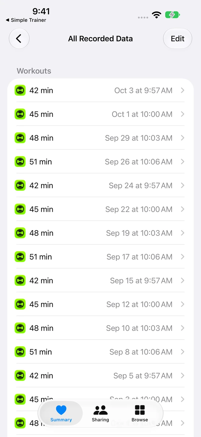 Apple Health’s recorded workout list, with the Simple Trainer icon beside each sample session.