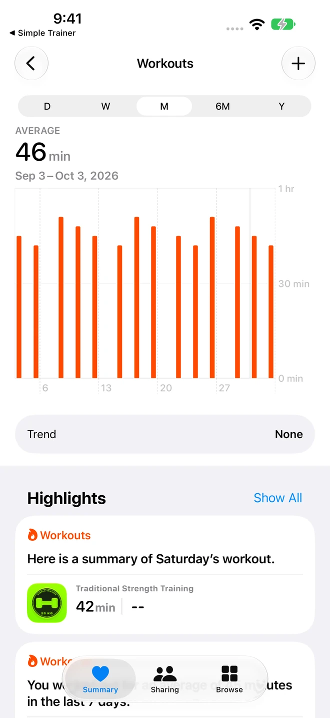 Apple’s Health app displaying the sample strength workouts exported by Simple Trainer.