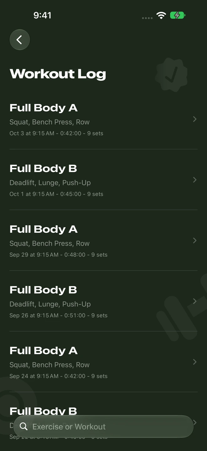 A populated workout log with Full Body A and Full Body B sessions.