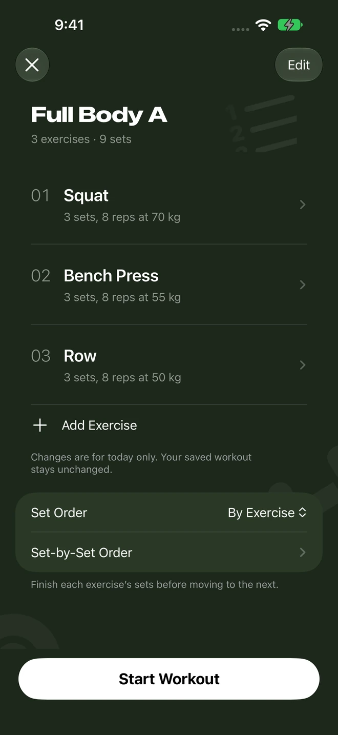 Full Body A prepared with Squat, Bench Press and Row, three sets each.