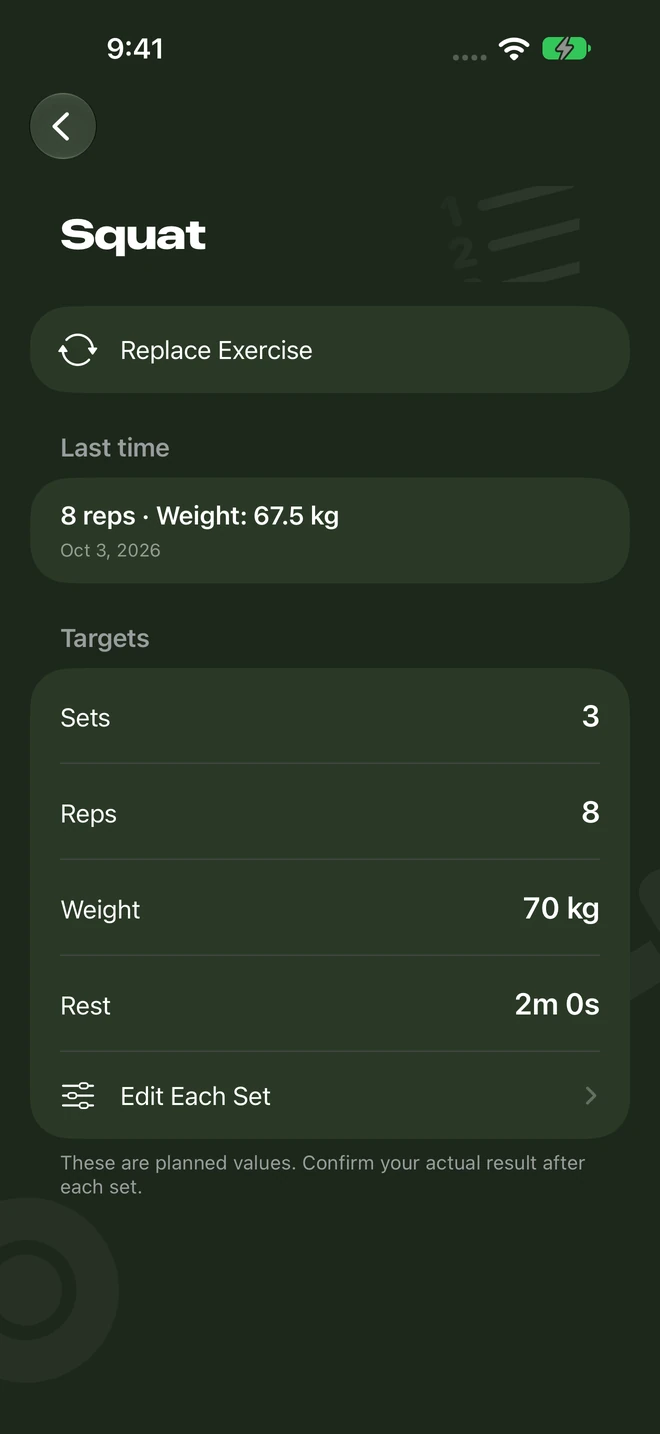 Squat programming with the previous workout’s confirmed reps and weight.