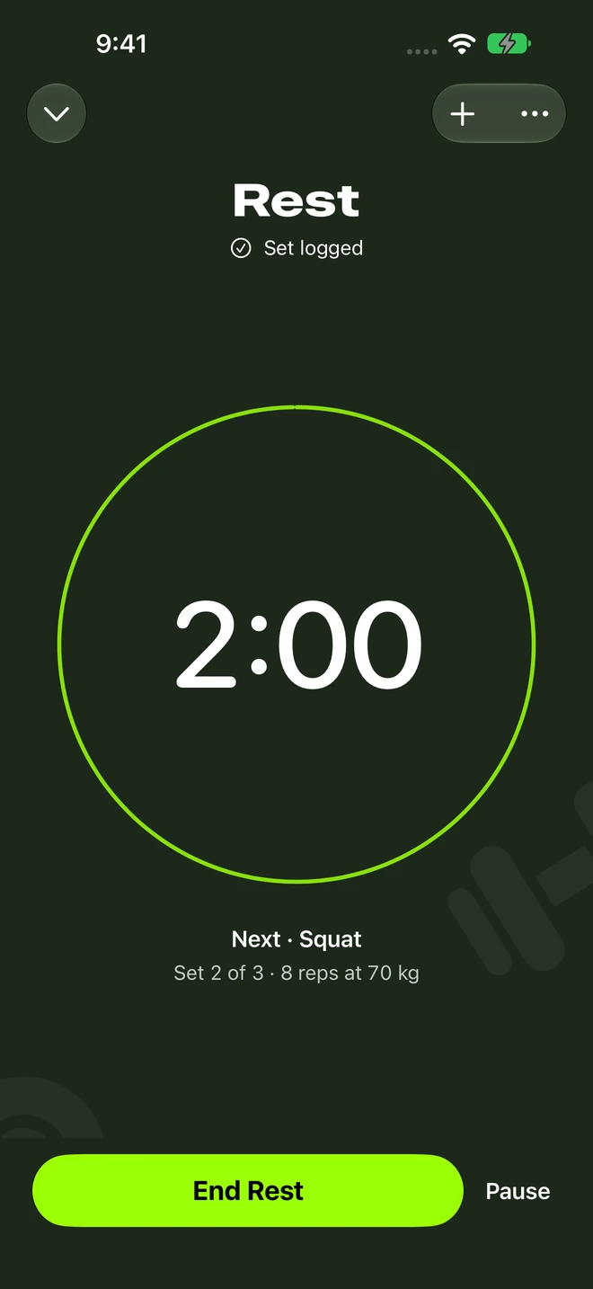 The rest screen after a logged Squat set, with a rest timer and next-set control.