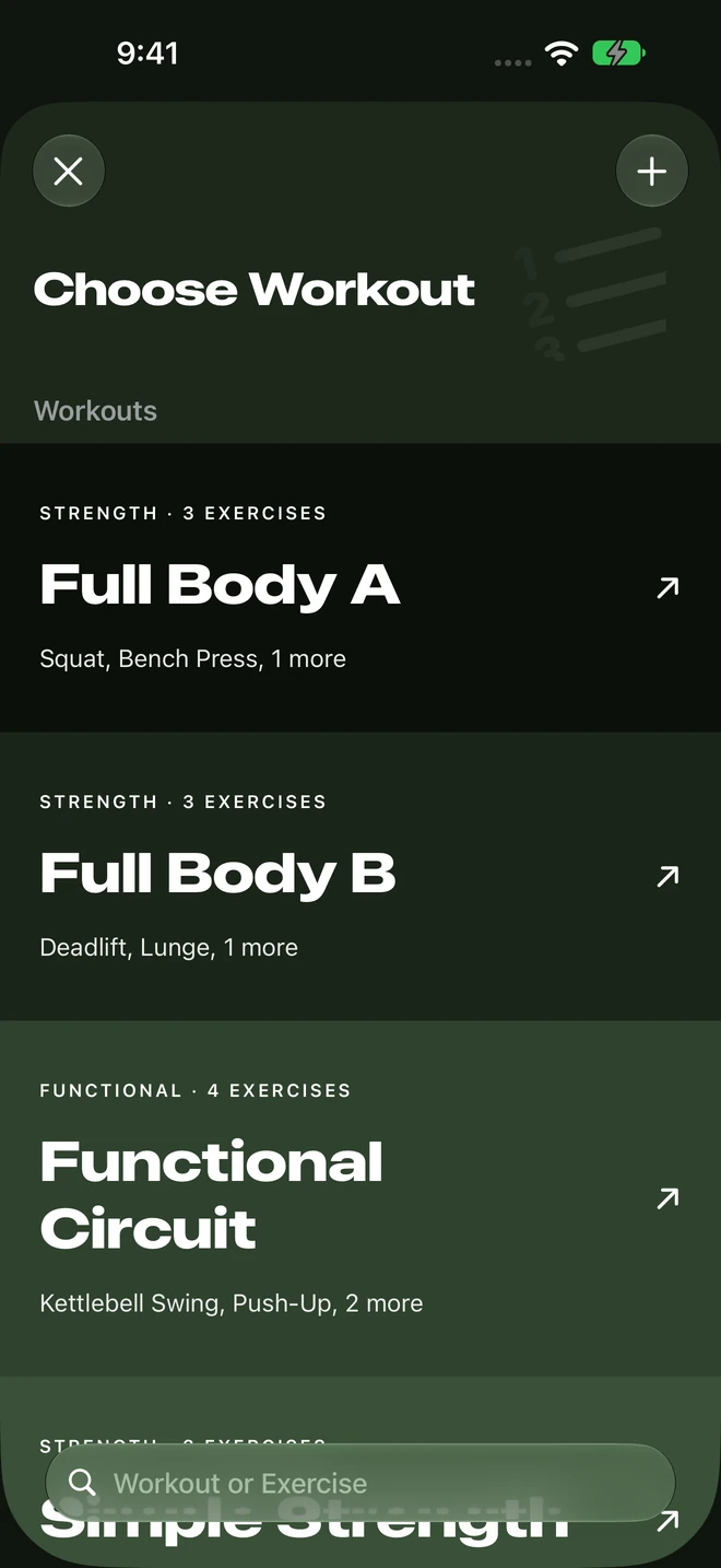 The workout chooser with reusable Full Body A and Full Body B routines.