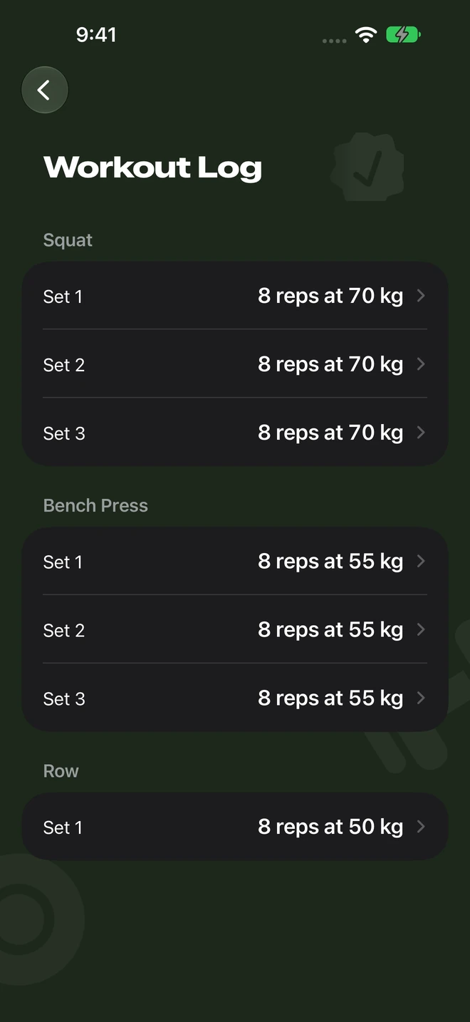 A workout log showing completed Squat sets and their recorded weights.