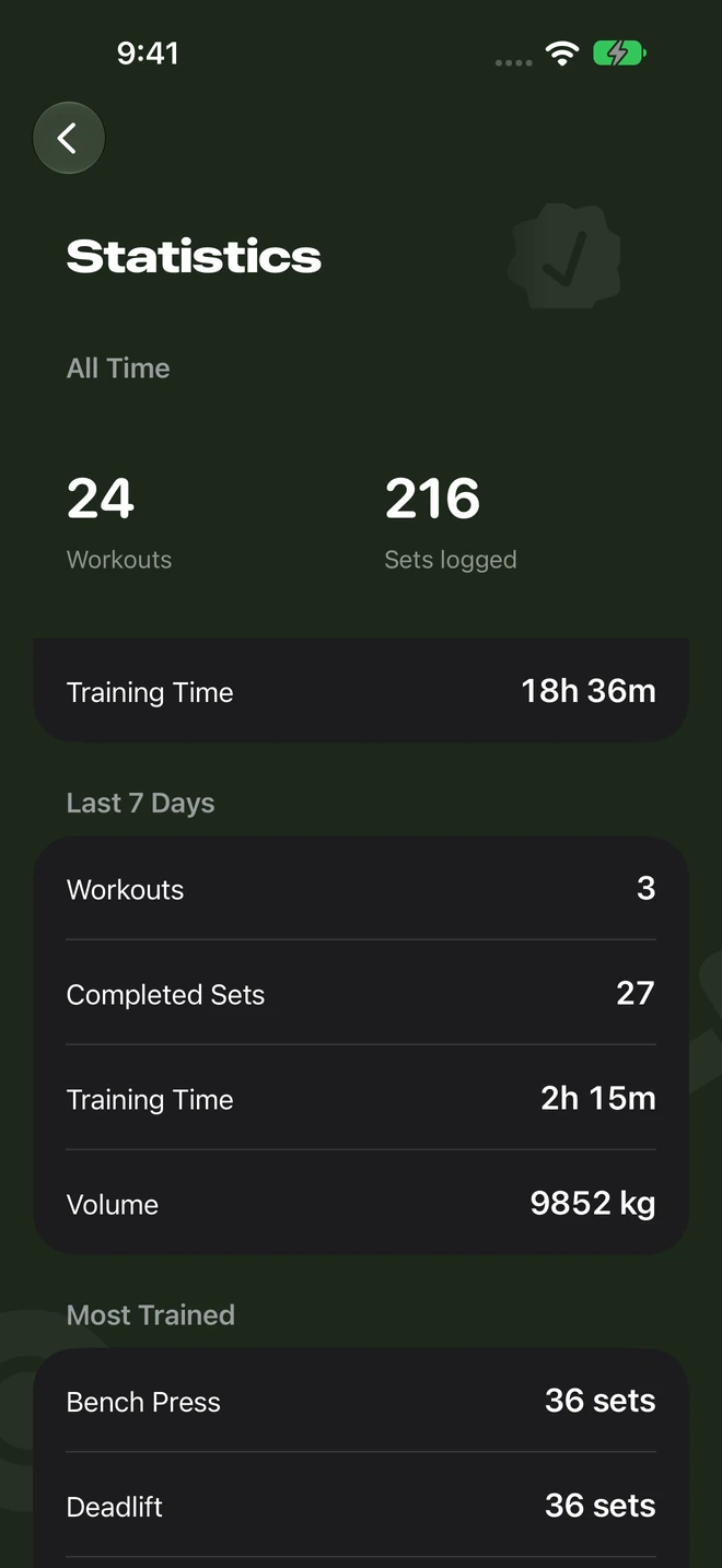 Statistics for 24 fictional workouts, including completed sets and recent training volume.
